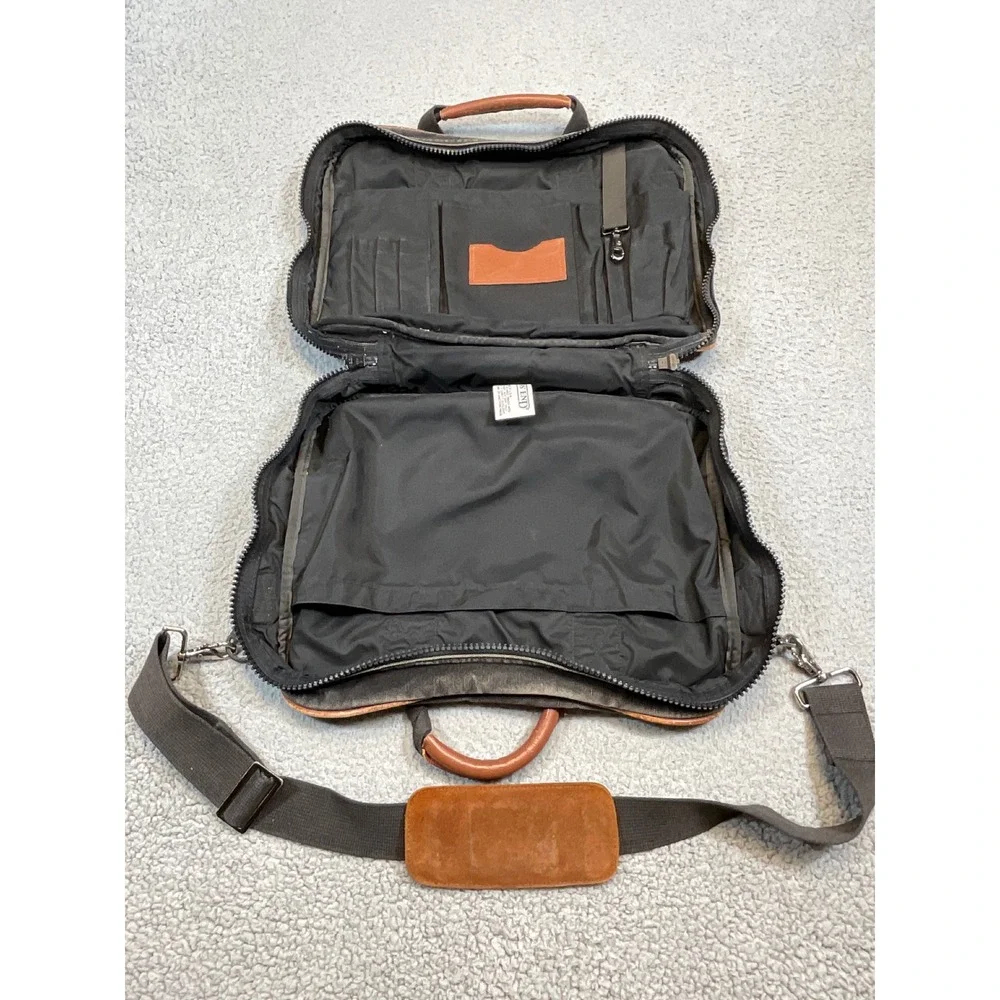 Lands End Briefcase Large Black Deluxe Square Rigger Canvas Leather Vintage USA